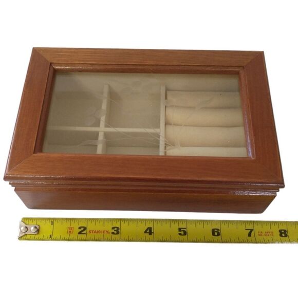 Vintage Jewelry Box Etched Glass Top Wood Tab Velvet Lined 80s 90s Hinge Dresser - Picture 6 of 16